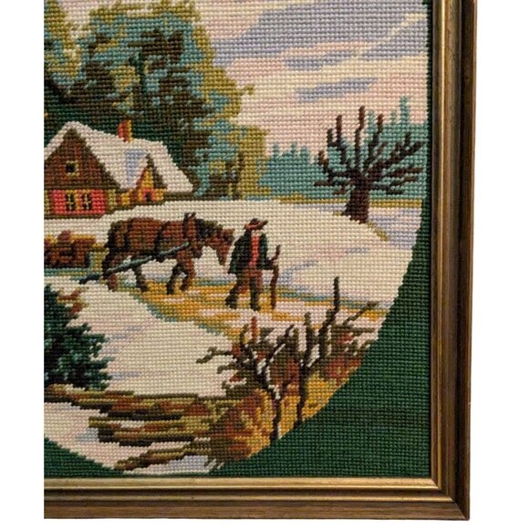 Vintage Framed Needlepoint Cross Stitch Winter Scene With Horse & Cottage - Picture 7 of 14